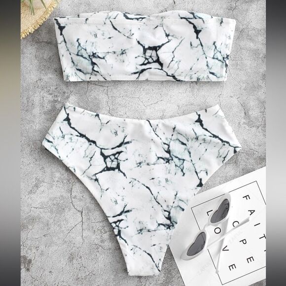 ZAFUL Marble Print High Waisted Bandeau Bikini Set | white | size M - Picture 2 of 7